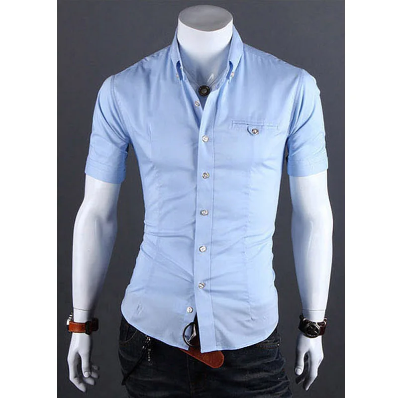Летняя мужская брендовая одежда, рубашка с коротким рукавом, camiseta hombre, рубашки, модные, social fit Camisa, тонкие, одноцветные, на выбор - Цвет: Sky blue