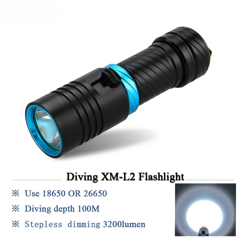 

scuba flashlight led underwater 100M flashlights diving torch light diver CREE XM L2 rechargeable waterproof lamp 18650 or 26650