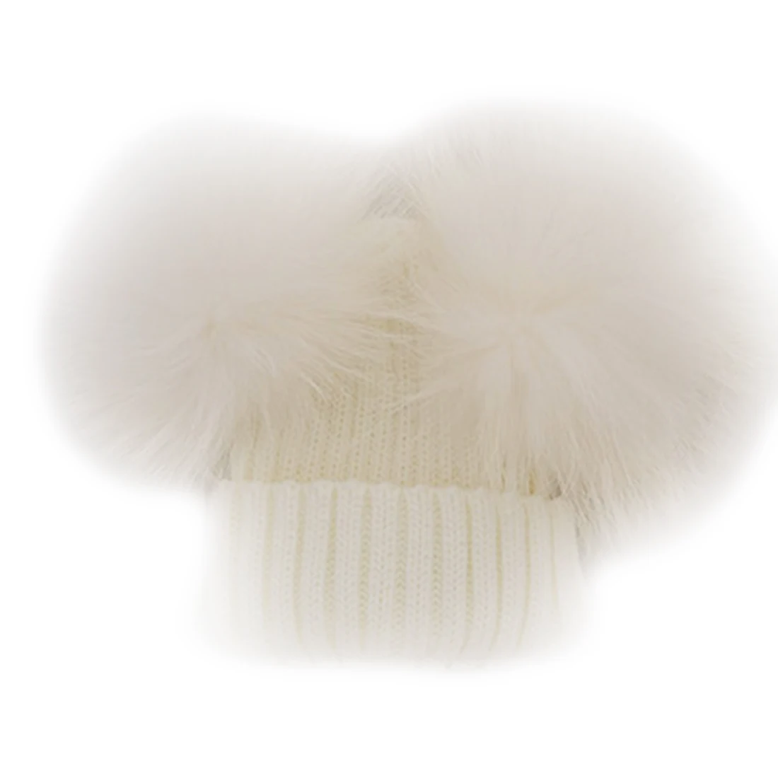 Горячая зимняя вязаная шапка с два меховых помпона из натурального меха, Шапка-бини, детские шапки двойной зимняя шапка из натурального меха с помпоном - Цвет: Белый