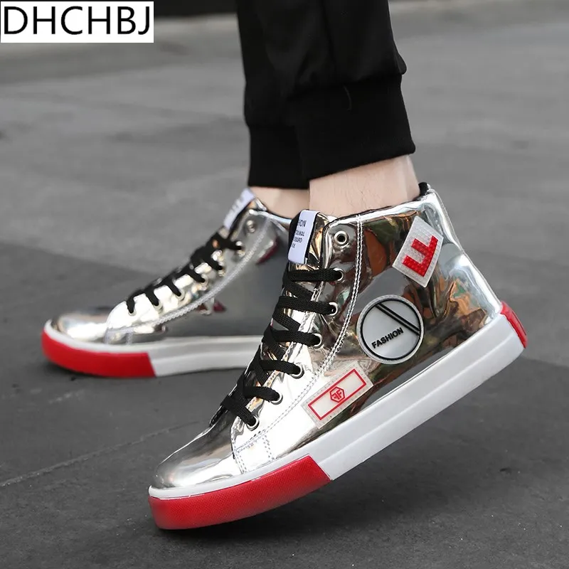 

2018 Men leather casual shoes hip hop Gold fashion sneakers silver microfiber high tops Male Vulcanized shoes sizes 46