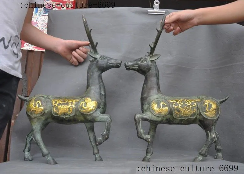 christmas old Chinese bronze Gilt Feng shui auspicious wealth Sika deer ...