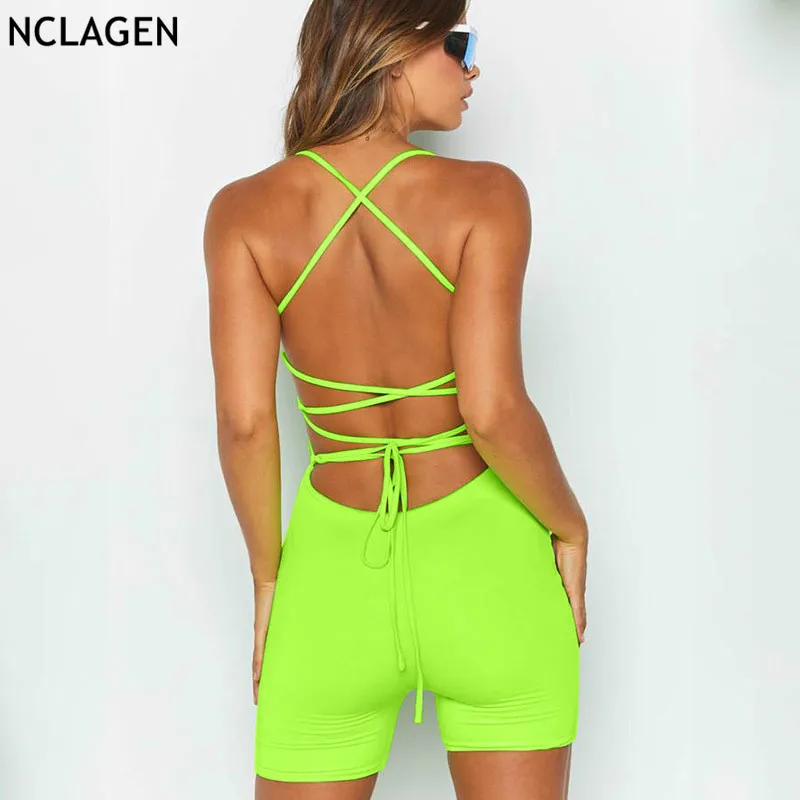 

NCLAGEN 2019 Sexy Neon Green Fluorescent Color Backless Criss Cross Lace Up Playsuits Rompers Women Workout Beach Street Outfits