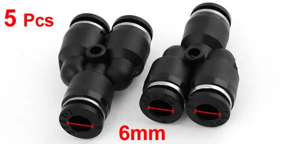 5 Pcs 6mm to 6mm Y Shaped 3 Ways Quick Joint Air Pneumatic Fitting Black