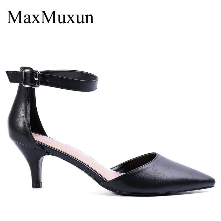 MaxMuxun/женские босоножки на среднем каблуке с острым носком и пряжкой; туфли-лодочки с ремешком на щиколотке; женская свадебная обувь; Летняя обувь - Цвет: BLACK