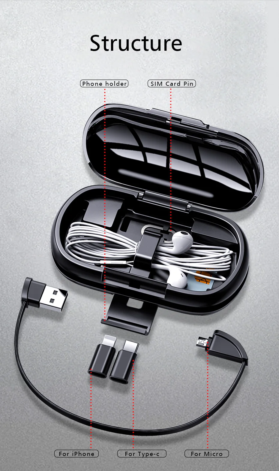OATABASF Мини ящик для хранения многофункциональный USB кабель для 3 в 1 Выдвижной телефон зарядное устройство для huawei p30 redmi iPhone Xr