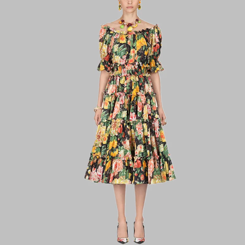 

HAMALIEL 2019 Runway Designer Women Dress Summer Off Shoulder Chiffon Flowers Print Swing Dress Elastic Waist Slash Neck Vestido