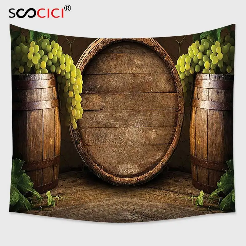 

Cutom Tapestry Wall Hanging,Winery Decor Collection, Still Life Wine with Wooden Keg Ancient Old Fashioned Wine Keeper Tasting