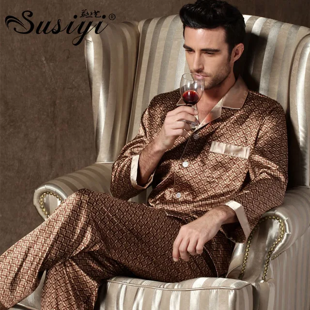 Male silk pajama set men summer sleepwear male long sleeve lounge set silk lounge plus sizein
