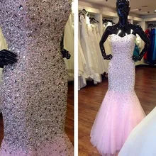 Luxus Sparkly Crystals Rosa Prom Kleider Meerjungfrau 2016 Perlen Formale Lace Up Zurück Abschlussball-partei-kleid-formales Kleid vestido de festa