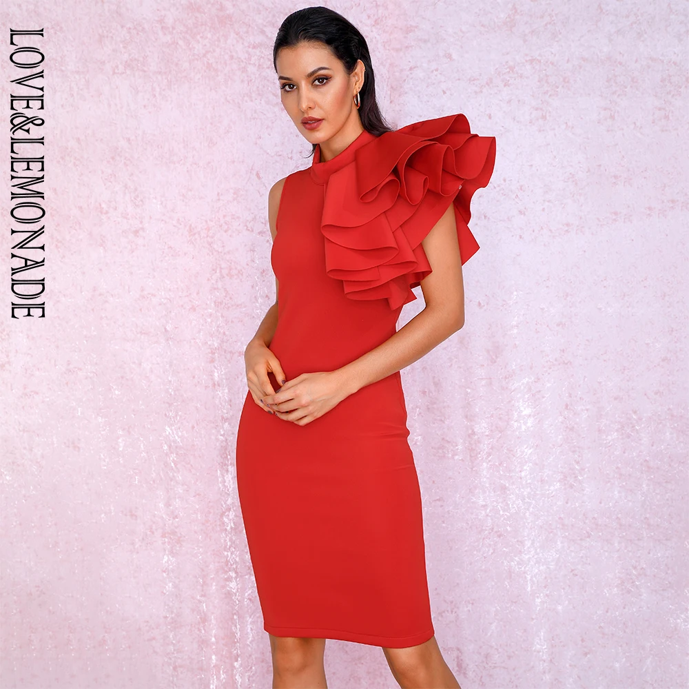 LOVE& LEMONADE сексуальное красное платье с воротником-стойкой без рукавов Большие гофрированные вечерние платья бодикон LM90002