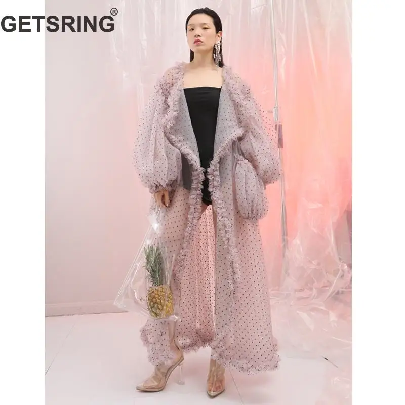 

GetSpring Women Dress Mesh Long Loose Beach Dot Dress For Women Layered Gauze Ruffle Lantern Sleeve Vintage Summer Dress Pink
