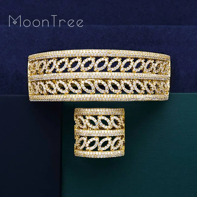 

MoonTree Fashion Geometry Luxury Hollow Full Micro AAA Cubic Zirconia Women Width Bracelet Bangle And Ring Set