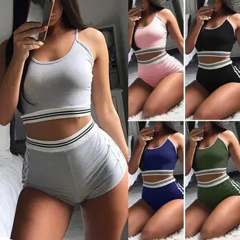 

Summer Women Sexy Striped Two-Piece Cropped Vest High Waist Shorts Jogging Suit Tops & Short Pants Sets