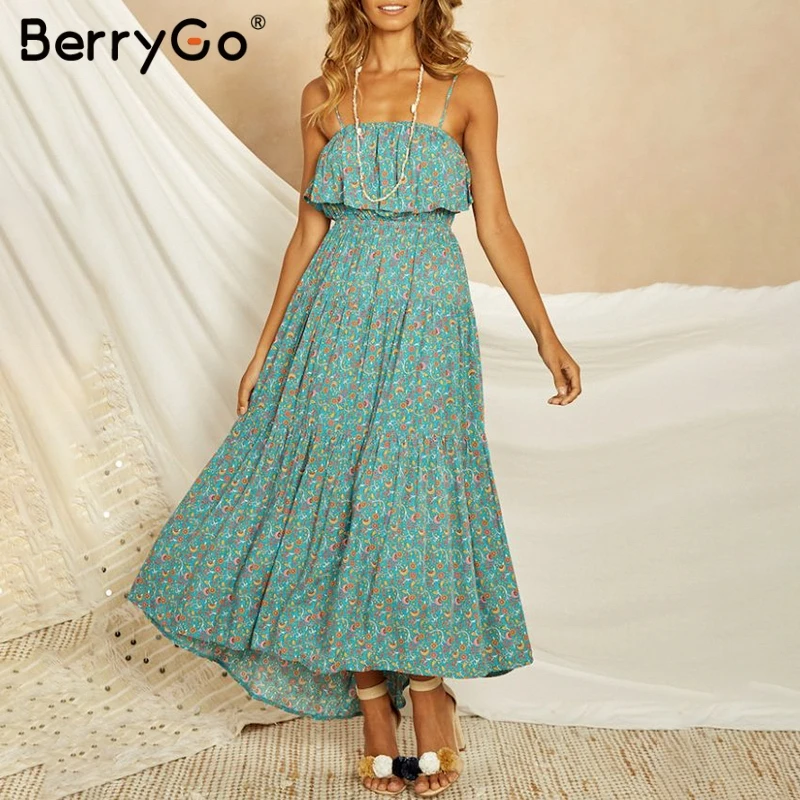 

BerryGo Boho dresses floral print women long dress Elegant spaghetti strap summer dress High waist plus size female midi dress