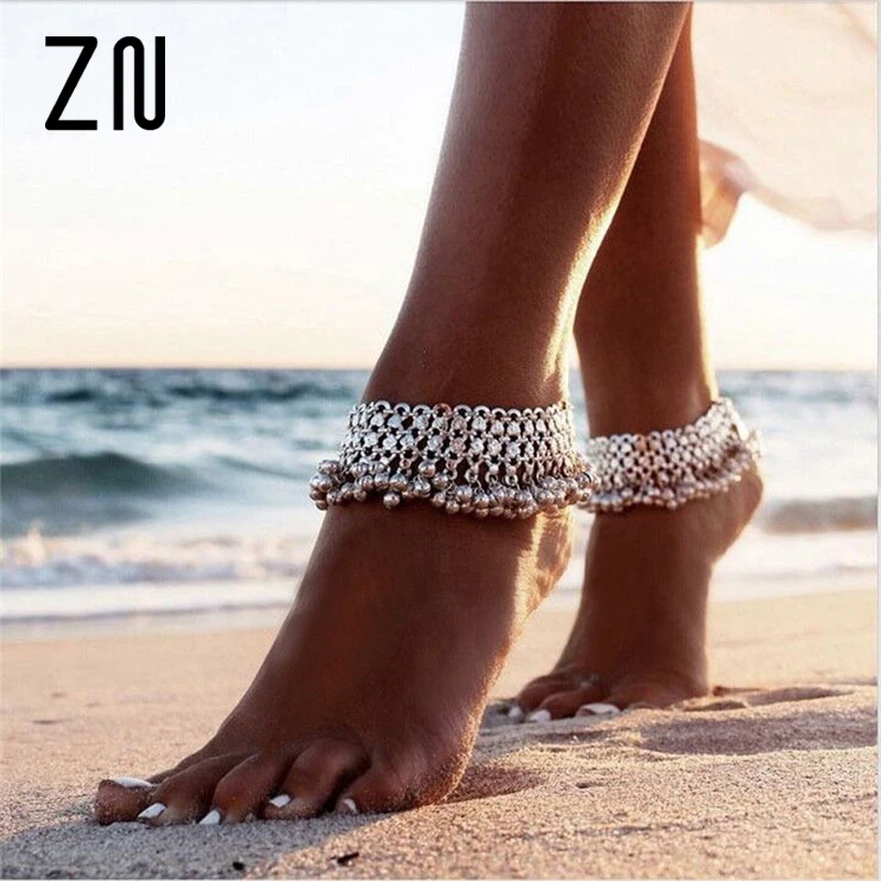 

ZN New Fashion Vintage Silver Anklet Chain Lots Bell Beads Ankle Bracelet Foot Jewelry For Women Barefoot Sandal