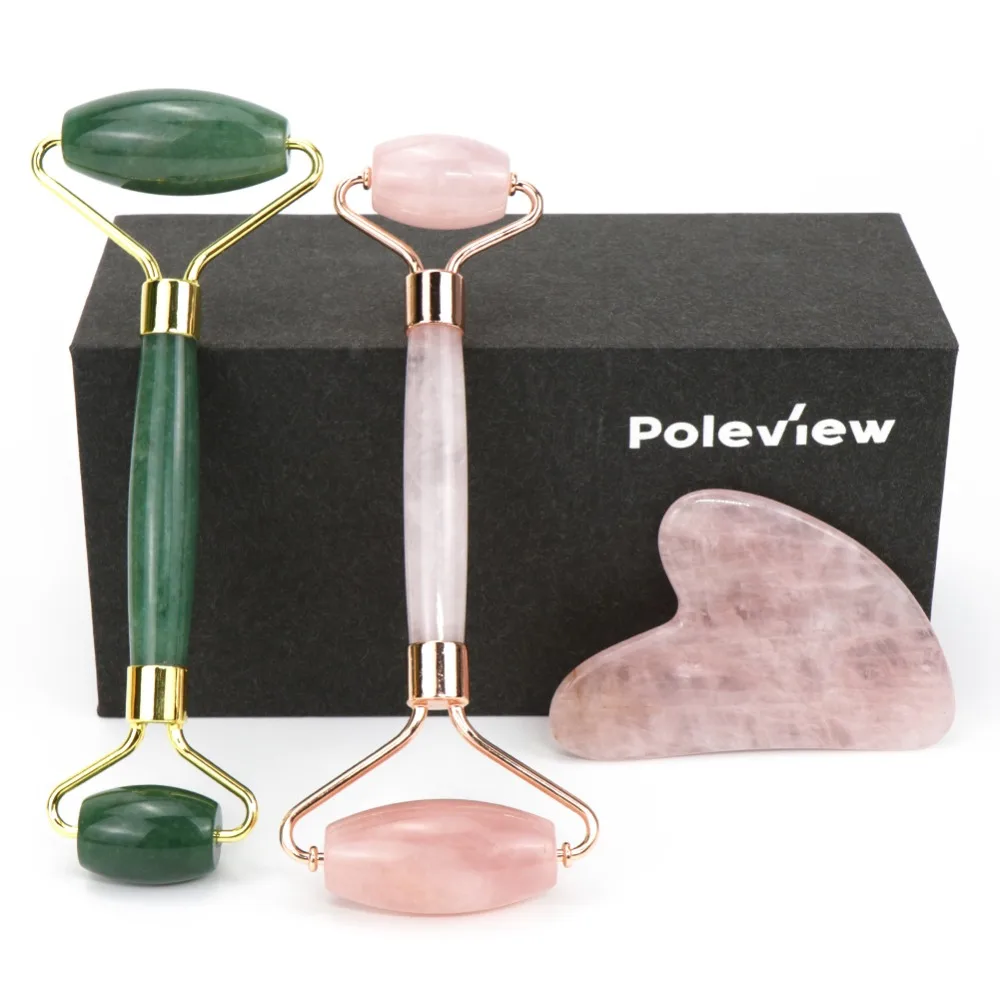 

3in1 Natural Jade Facial Massage Roller Stone Skin Massage Rose Quartz Roller Slimming Face Massager Lifting Tool Beauty Set Box