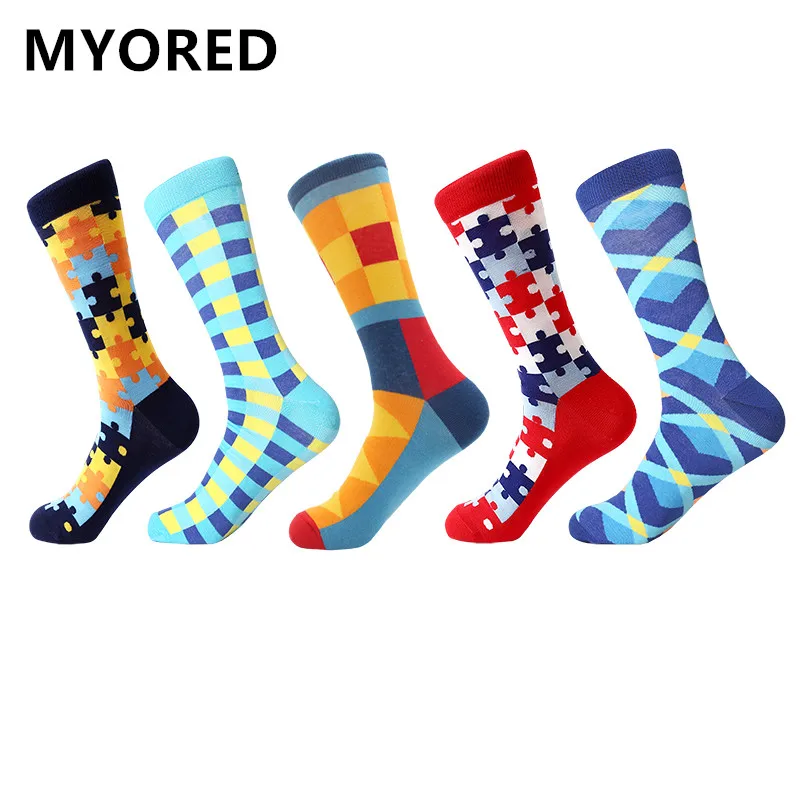 

MYORED drop shipping 5pairs/lot new sale autumn winter men combed cotton crew socks funny Calcetines de hombre cuadrados