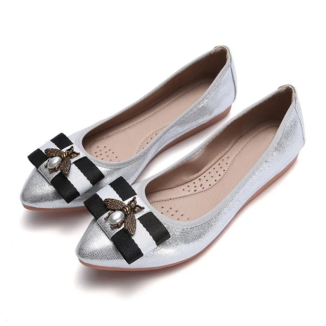 XGRAVITY/женские туфли на плоской подошве с острым носком; элегантные модные женские туфли на плоской подошве; сезон весна-лето; женская обувь с бантиком; большие размеры; A057 - Цвет: silver