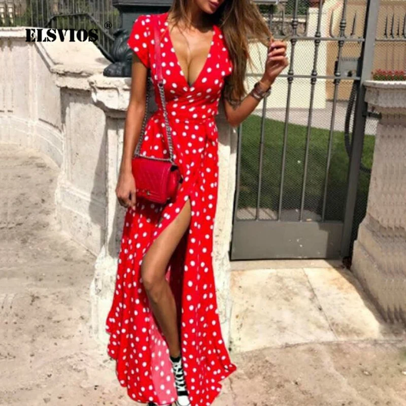 

ELSVIOS New Polka Dot Print Irregular Women Dress Elegant Deep V-neck Short Sleeve Long Dress Sexy Summer Beach Split Maxi Dress