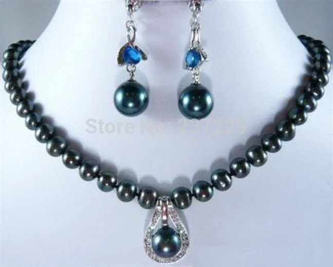 

Wholesale price FREE SHIPPING a^Real Black Pearl Blue Cubic Zirconia 18KWGP Clasp Pendant Necklace Earrings Set (A0423)