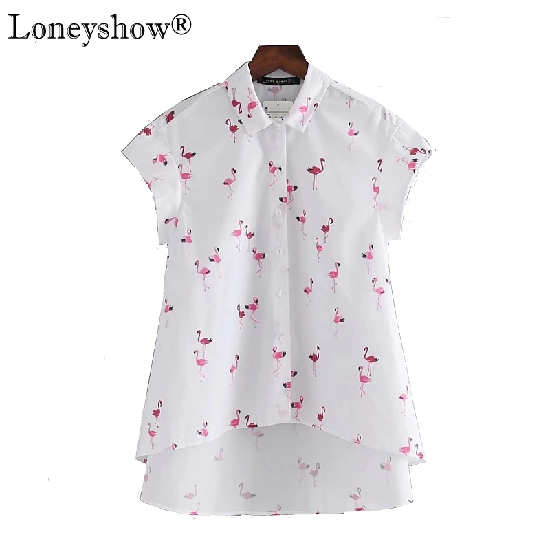 2017 Desain Flamingo Dicetak Wanita Blus Putih Musim Panas Elegan Turn-down Kerah Lengan Pendek Tops Untuk Lady Kasual Longgar Shirts