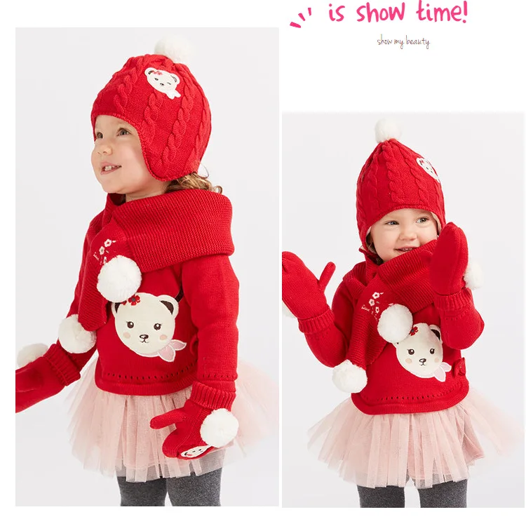 DBJ7862 dave bella baby Knitted Dress girls long sleeve autumn dresses kids red clothes children birthday party boutique dress