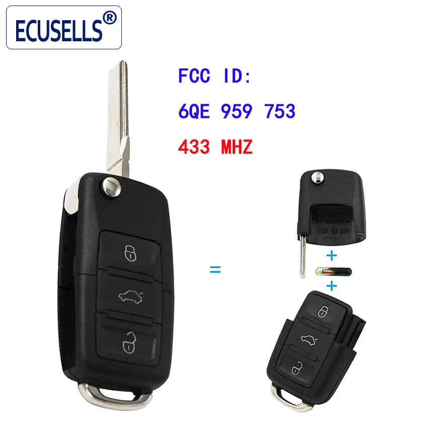 

Flip Remote Key Fob 3 Buttons With ID48 Chip 433MHz 6QE 959 753 FOR VW