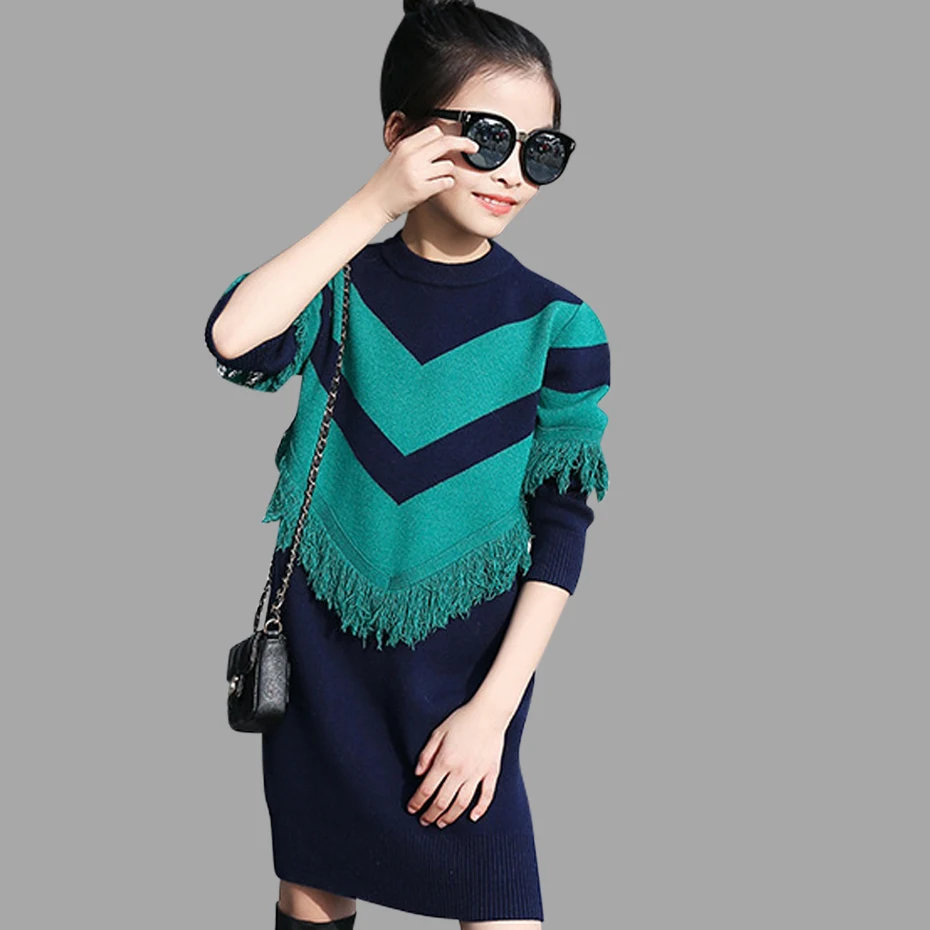 Детское платье-свитер весенне-осеннее вязаное платье для девочек длинное теплое платье принцессы для подростков детская одежда для девочек 6, 8, 10, 12, 14 лет