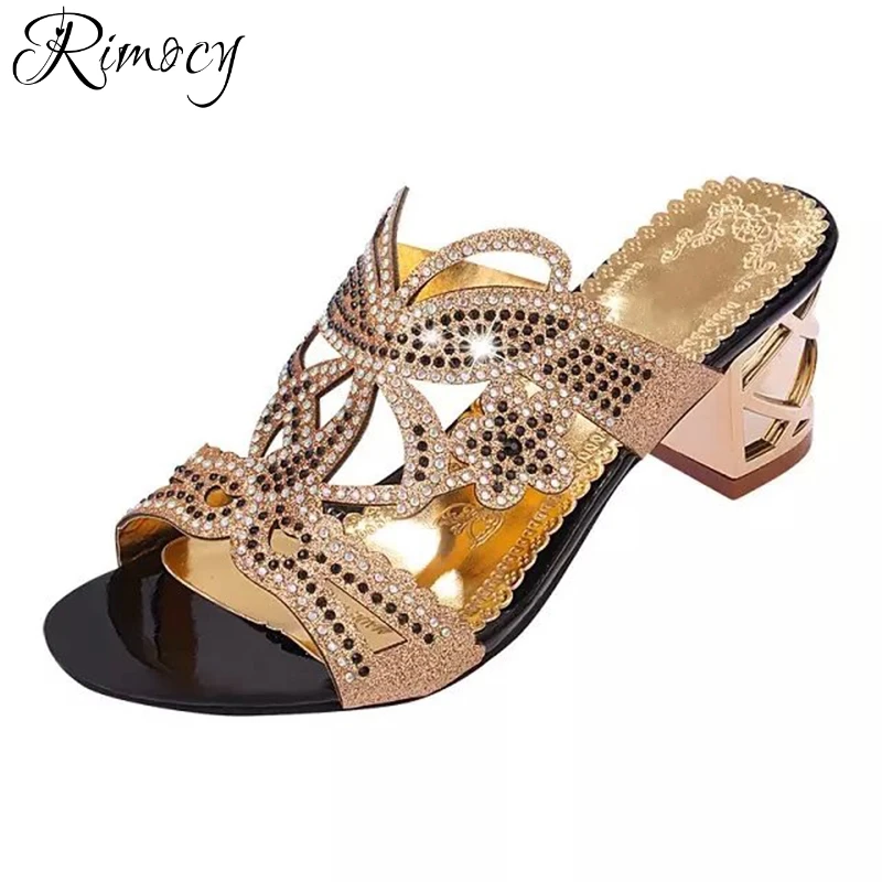 

Rimocy thick high heels crystal slide women fashion beach hollow out flowers summer shoes woman slip on gold sandals slippers