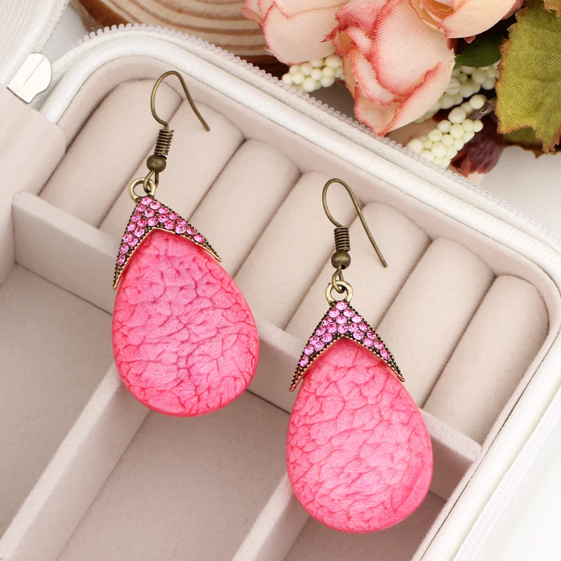 

retro red natural stone rhinestone crystal water drop earrings women crystal dangle earrings lover gifts