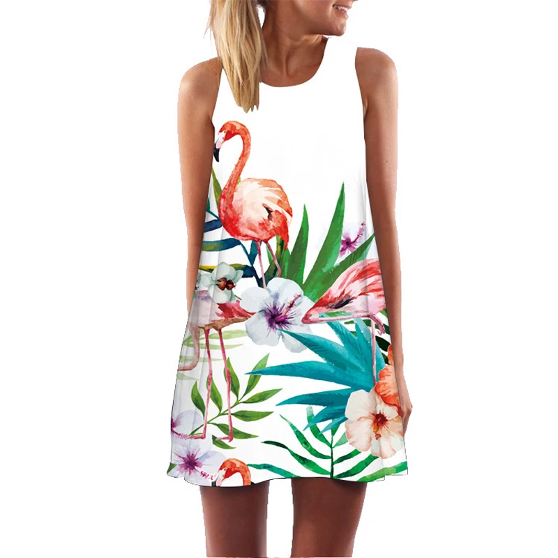 2019 Rass ple Summer Floral Print Flamingo Dresses Women Casual Beach