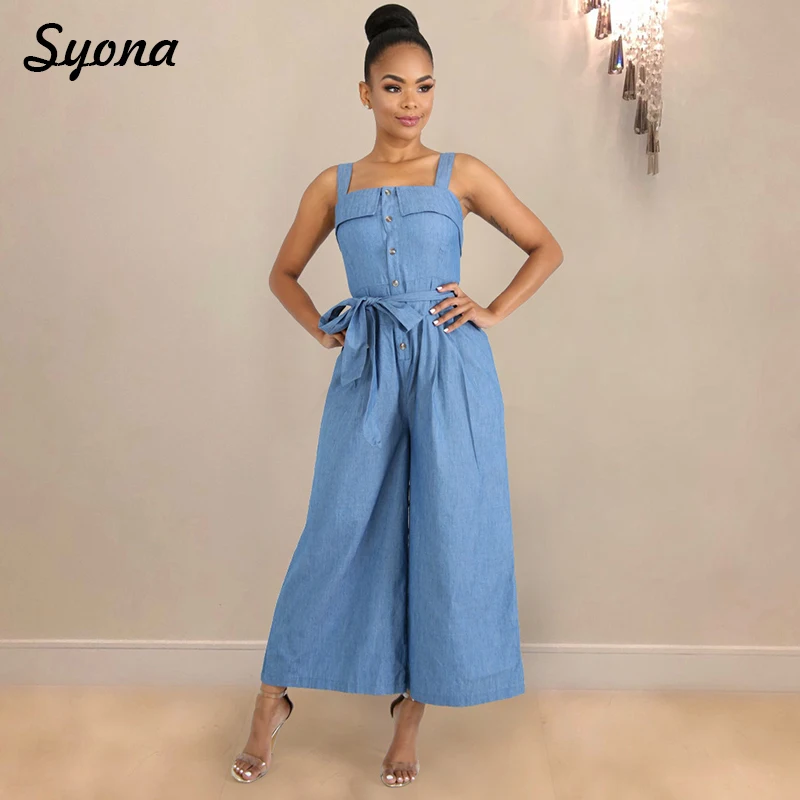 wide leg denim romper