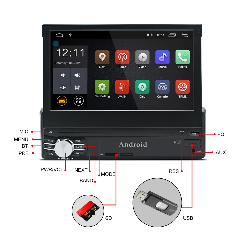 Универсальный 1 Din Автомобильный Радио плеер gps навигация Bluetooth Android 7,0/8,0 автомобильный MP5 плеер рулевое колесо Поддержка WiFi DAB+ CT0013