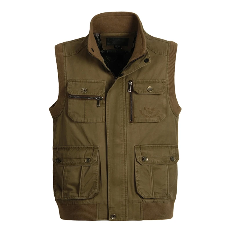 

Spring Autumn Men Big Size XL-6XL Cotton Vest Multi Pockets Army Green Khaki Waistcoat Male Photography Sleeveless Collar Jacket