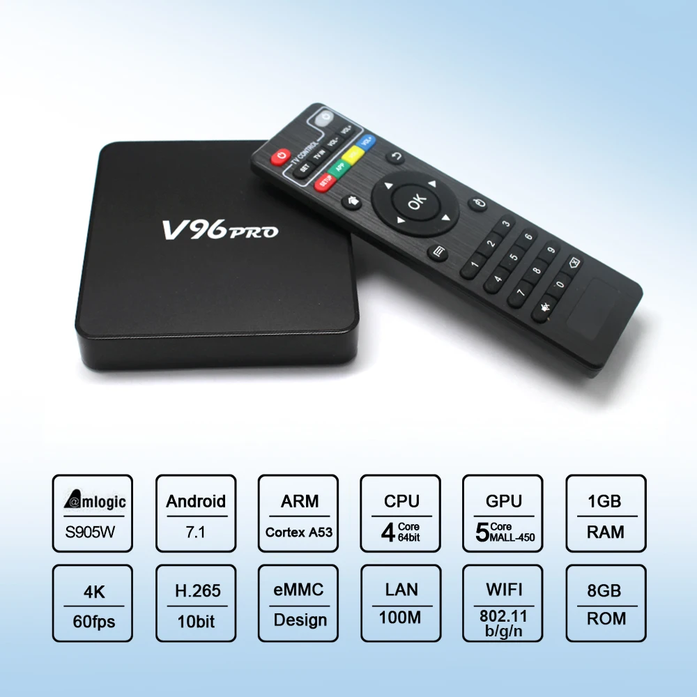 ТВ приставка V96Pro ОС Android 7 1 2 Гб 16 Smart TV Amlogic S905w четырехъядерный 64 разрядный BOX