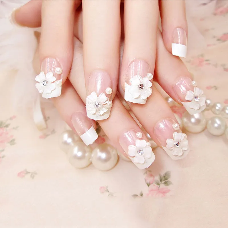 

ELECOOL 24Pcs/1Set 3D Bride Lady False Nail Tips Full Size French elegant Pearl Flower Style Fake Nails with Medium-long Glue