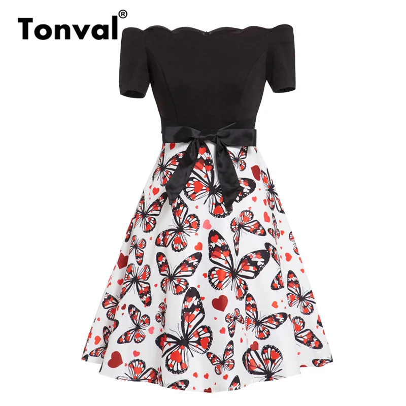 

Tonval Vintage Scalloped Trim A Line Butterfly Print Summer Dress Women Off Shoulder Bow Tie Front Fit and Flare Skater Dresses