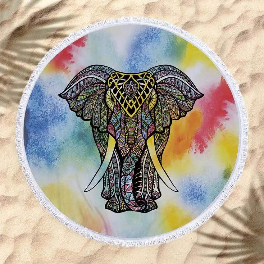 

Elephant Print Summer Round Beach Towel India Style Microfiber For Adults Kids Bath Shower Towels Yoga Mat Blanket With Tassels