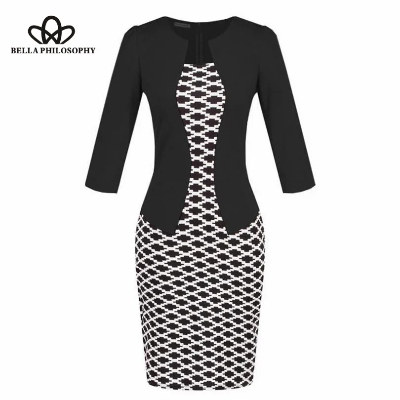 Wonder One Piece Patchwork Floral Print Elegant Business Party Formal Office Plus Size Bodycon Pencil Work Dress 2019 new S-3XL