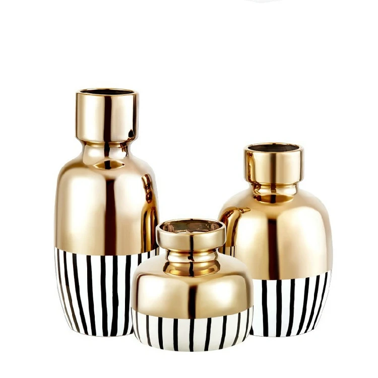 Простые современные черные и белые полосы плюс Золотая керамическая креативная ваза скандинавские домашние цветочные украшения