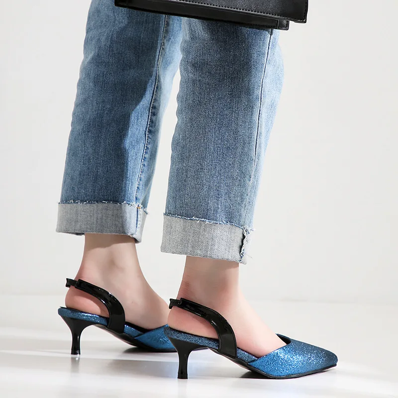 

2019 new fashion simple sequins decorative high-heeled shoes women's back with pointed and comfortable casual shoes.