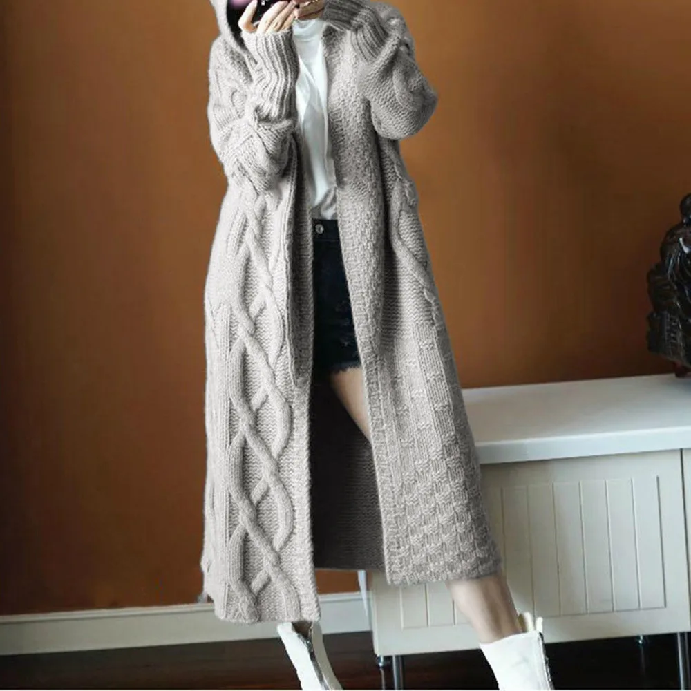 

Female Solid Sweater Coats Autumn Winter Women's Thick Knit Cardigan Long Coat Linen Pattern Sweater Coat