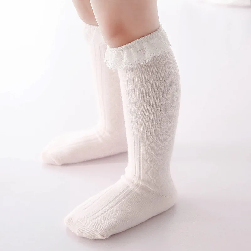 

quality Baby knee Socks with solid color and lace welt soft cheap newborn infant socks for girls age 0-3 years old