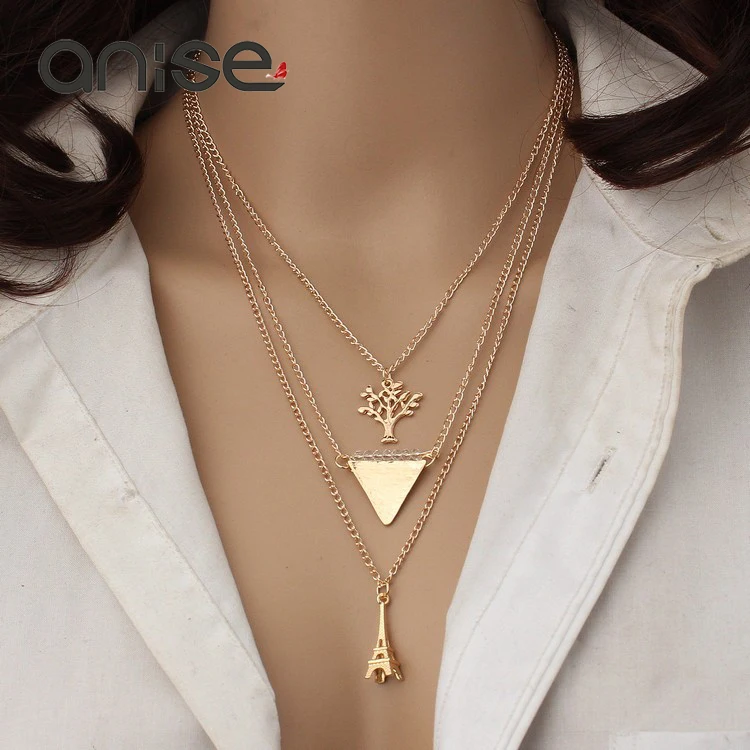 

Anise Vintage Metal Triangle Tree Eiffel Tower Pendant Necklaces Women Multilayer Charm Choker Necklace Statement Party Jewelry