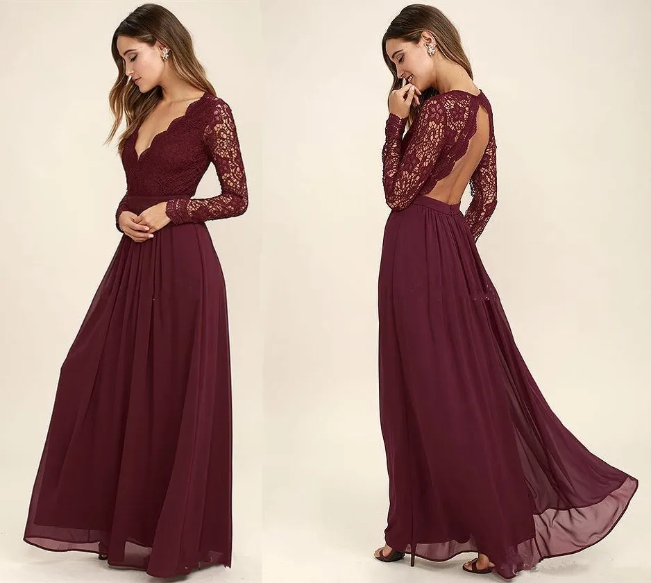 

Burgundy Chiffon Bridesmaid Dresses Long Sleeves Summer Style V-Neck Backless Long Beach Lace Wedding Party Dresses