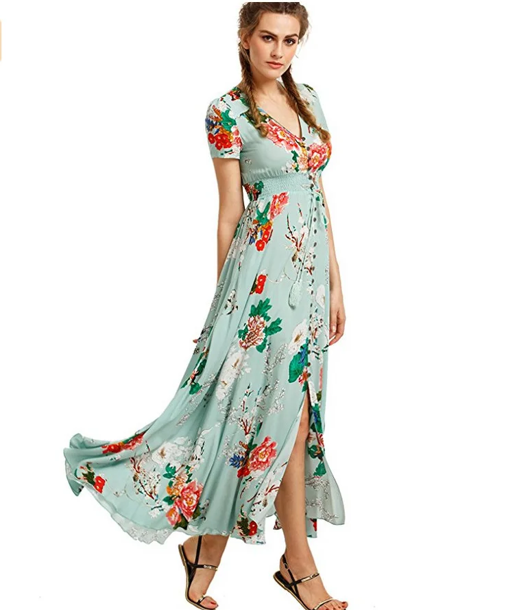 Летнее Женское Платье макси с принтом винтажный этнический богемный пляжное длинное платье для девушек модное повседневное женское платье с цветочным принтом BLD1026 - Цвет: Green