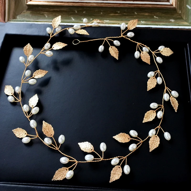 

Trendy Leaf Pearl Bride Wedding Headband Handmade Gold&Silver Alloy Flower Headband Wedding Hair Jewelry Women Hair Accessories
