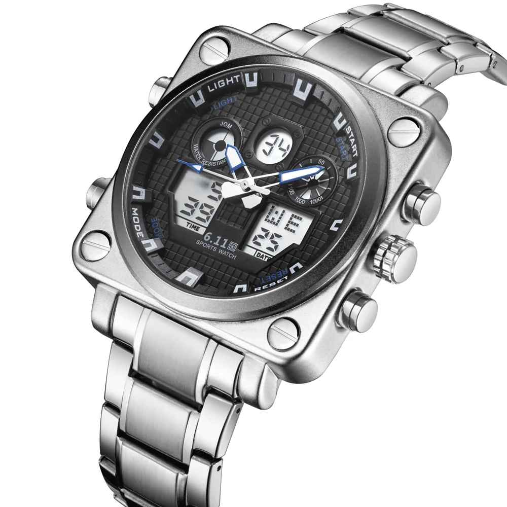 

6.11 Business Watch Men Stainless Steel Waterproof Square Led Quartz Sport Watch Men Digital Clock Male horloges mannen relojes