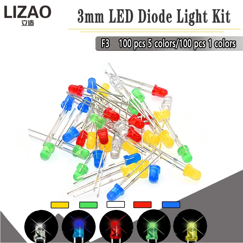 

100PC/Lot 5MM F3 3mm LED Diode Light Assorted Kit Green Blue White Yellow Red COMPONENT DIY kit