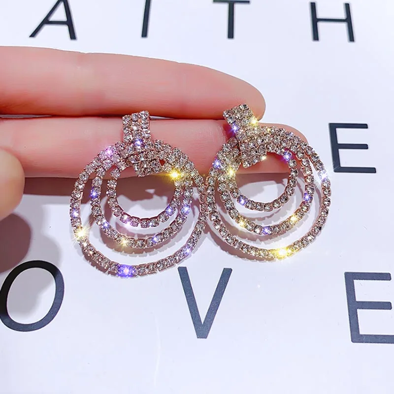 

Korean Style Female Bling Rhinestone Drop Earrings For Women Fashion Multilayer Geometric Round Earring Party Wedding Jewelry